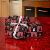 チェッカーボードサンタ雪だるまリースブラックレッド ラッピングペーパー