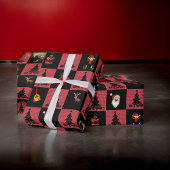 チェッカーボードサンタ雪だるまリースブラックレッド ラッピングペーパー