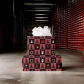 チェッカーボードサンタ雪だるまリースブラックレッド ラッピングペーパー