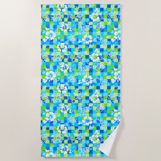 チェッカーボードハイビスカスハワイアンフローラ-ターコイズ ビーチタオル (正面)