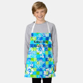 チェッカーボードハワイアンフローラターコイズ エプロン (着用した状態)