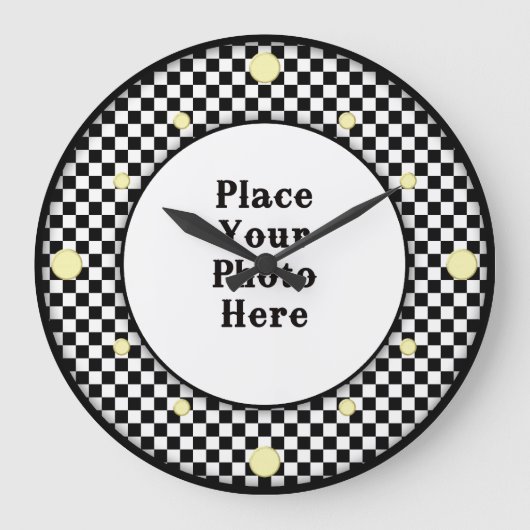 チェッカーボードフレームあなたのフォトウォール時計 ラージ壁時計 (正面)