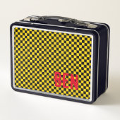 チェッカーボードブラック金ゴールドスクールキッズ名おもしろい メタルランチボックス (裏面)