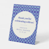 チェッカーボードブルーカスタムブライダルシャワーありがとう 台座サイン (正面)