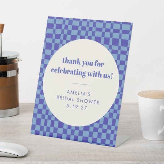 チェッカーボードブルーカスタムブライダルシャワーありがとう 台座サイン (インサイチュ)