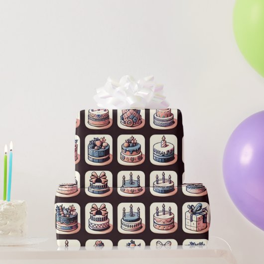 チェッカーボードプリントとお誕生日ケーキ ラッピングペーパー (パーティーギフト)