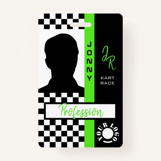 チェッカーボードレーシングフラッグ緑のラインレースフォト バッジ (正面)