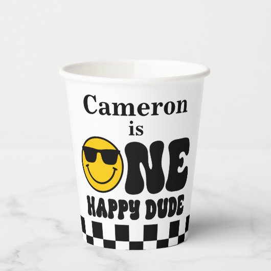 チェッカーボードワンハッピードダード1歳の誕生日 紙コップ (左)