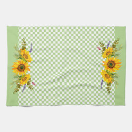 チェッカーボード上のひまわり キッチンタオル