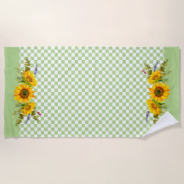 チェッカーボード上のひまわり ビーチタオル