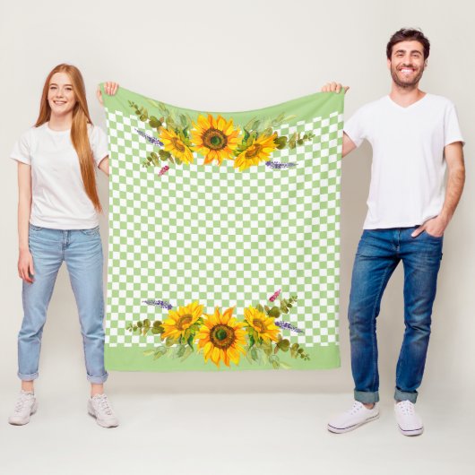 チェッカーボード上のひまわり フリースブランケット (インサイチュ)