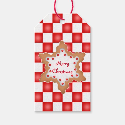 チェッカーボード上のクリスマス赤と白クッキー ギフトタグ (正面)