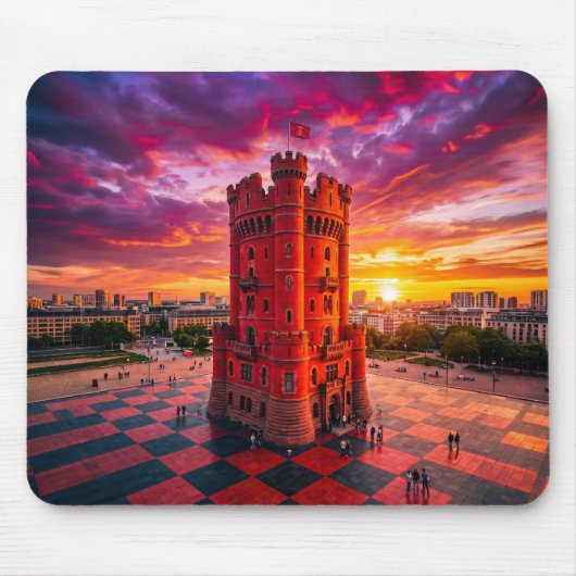 チェッカーボード上のファンタジー赤チェス城の建物 マウスパッド (正面)
