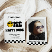 チェッカーボード写真ワンハッピードダデ1歳の誕生日 招待状