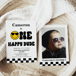 チェッカーボード写真ワンハッピードダデ1歳の誕生日 招待状