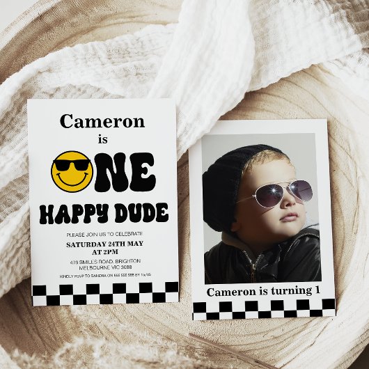 チェッカーボード写真ワンハッピードダデ1歳の誕生日 招待状