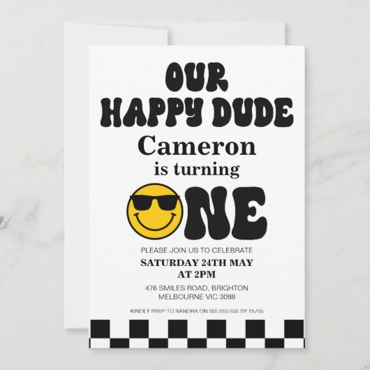 チェッカーボード写真私たちの幸せな男1歳の誕生日 招待状 (正面)