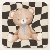 チェッカーボード昼食時に赤ちゃんシャワーベア スクエアペーパーコースター (正面)