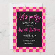 チェッカーボード柄のホットピンクとピーチ色のレトロなSweet 16パーティー