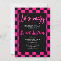 チェッカーボード柄のホットピンクと黒のレトロなSweet 16パーティー
