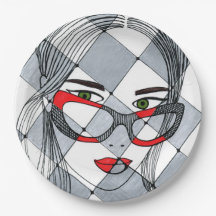 チェッカーボード柄の赤いメガネの女性 ポップアート P