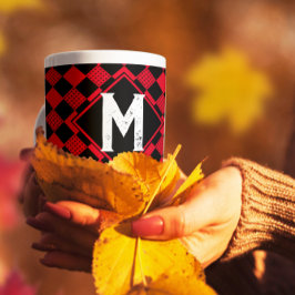 チェッカーボード赤と黒のモノグラムバッファロープライド コーヒーマグカップ