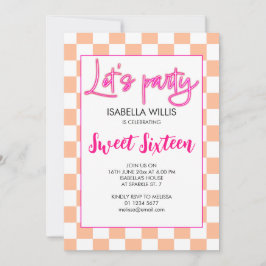 チェッカー柄 ホットピンク ピーチ 白 Let's party Sweet 16 招待状