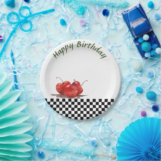 チェックされたさくらんぼの明るい赤のテーブルクロス2 ペーパープレート (パーティー)