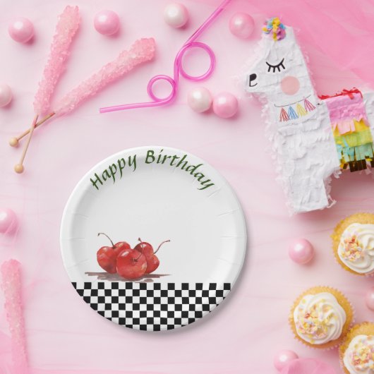 チェックされたさくらんぼの明るい赤のテーブルクロス2 ペーパープレート (パーティー)