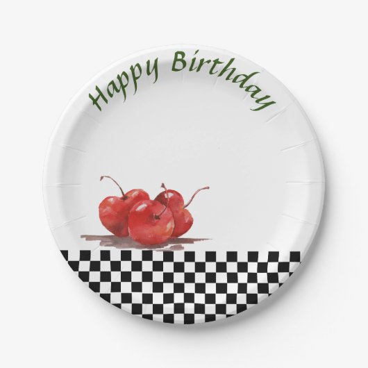 チェックされたさくらんぼの明るい赤のテーブルクロス2 ペーパープレート (正面)