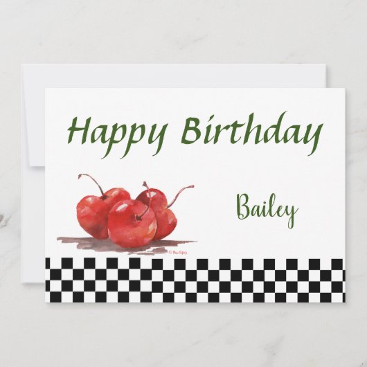 チェックされたテーブルクロスの明るい赤のさくらんぼ シーズンカード (正面)