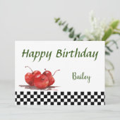 チェックされたテーブルクロスの明るい赤のさくらんぼ シーズンカード (スタンド正面)