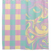 チェックと渦巻きパステルピンク、黄、紫、緑 シャワーカーテン (正面)
