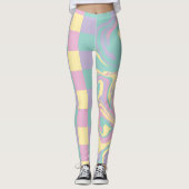 チェックと渦巻きパステルピンク、黄、紫、緑 レギンス (正面)