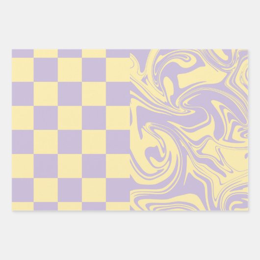 チェックと渦巻き – パステルイエローとパープル ラッピングペーパーシート (正面2)