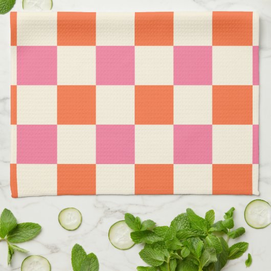 チェックと渦巻き – ピンク、オレンジ、クリーム キッチンタオル (折り畳み)