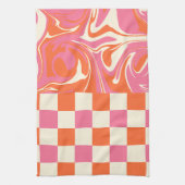 チェックと渦巻き – ピンク、オレンジ、クリーム キッチンタオル (縦)