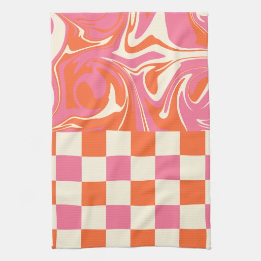 チェックと渦巻き – ピンク、オレンジ、クリーム キッチンタオル (縦)