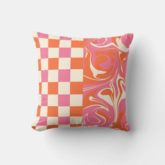 チェックと渦巻き – ピンク、オレンジ、クリーム クッション (正面)