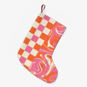 チェックと渦巻き – ピンク、オレンジ、クリーム スモールクリスマスストッキング (正面 (吊り時))