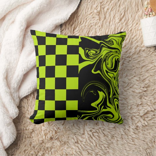チェックと渦巻き – ライムグリーンとブラック クッション (ブランケット)