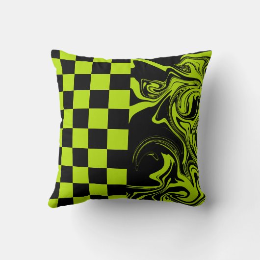 チェックと渦巻き – ライムグリーンとブラック クッション (裏面)
