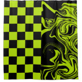 チェックと渦巻き – ライムグリーンとブラック シャワーカーテン (正面)