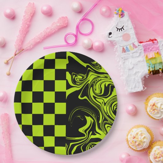 チェックと渦巻き – ライムグリーンとブラック ペーパープレート (パーティー)