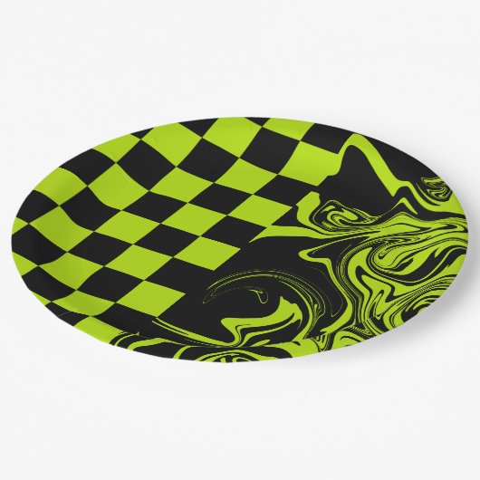 チェックと渦巻き – ライムグリーンとブラック ペーパープレート (アングル)