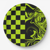 チェックと渦巻き – ライムグリーンとブラック ペーパープレート (正面)