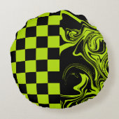 チェックと渦巻き – ライムグリーンとブラック ラウンドクッション (裏面)