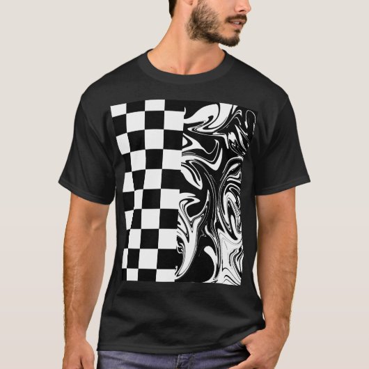 チェックと渦巻き – 白黒 Tシャツ (正面)
