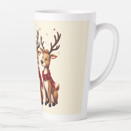 チェックのマフラーをつけたかわいいクリスマスのトナカイの3匹セット カフェラテマグ (右)