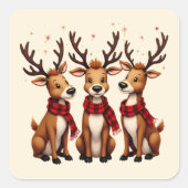 チェックのマフラーをつけたかわいいクリスマスのトナカイの3匹セット スクエアシール (正面)